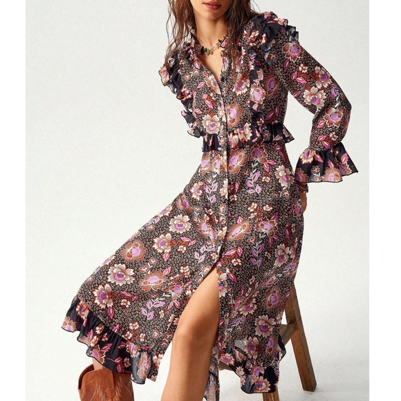 Boho Floral Print Button Ruffle Detail Long sleeve Midi Dress - Picture 1 of 6
